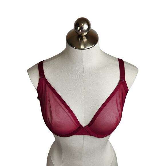 Cuup‎ The Plunge Bra Size 34F Red Sheer Mesh Underwire Deep V Silhouette - Picture 1 of 7